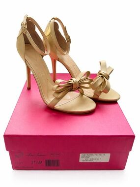 Isa Tapia Shelby - Gold Bow Ankle-Strap High Heel Sandals